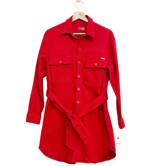 NWT MOTHER Cadet Denim Belted Mini Shirtdress in Haute Red Size M - Picture 6 of 15